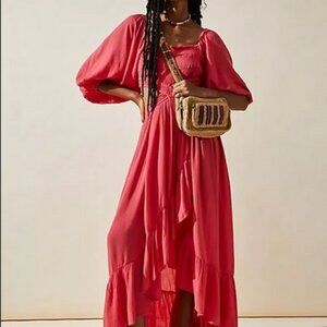 Free People Cross My Heart Maxi Smocked Cutout Balloon Sleeve Dress S